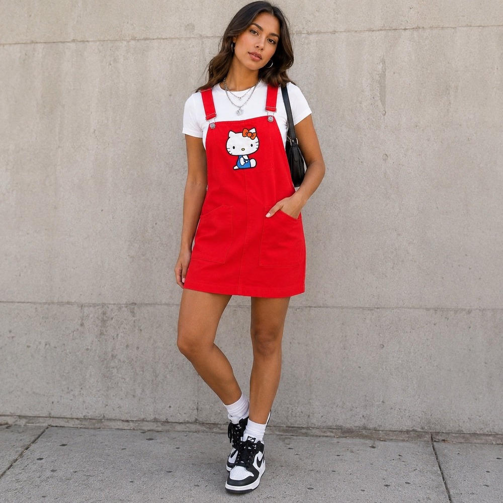SANRIO Hello Kitty Overall Mini Dress Size L Red Denim Jumper Kawaii Kidcore Y2K